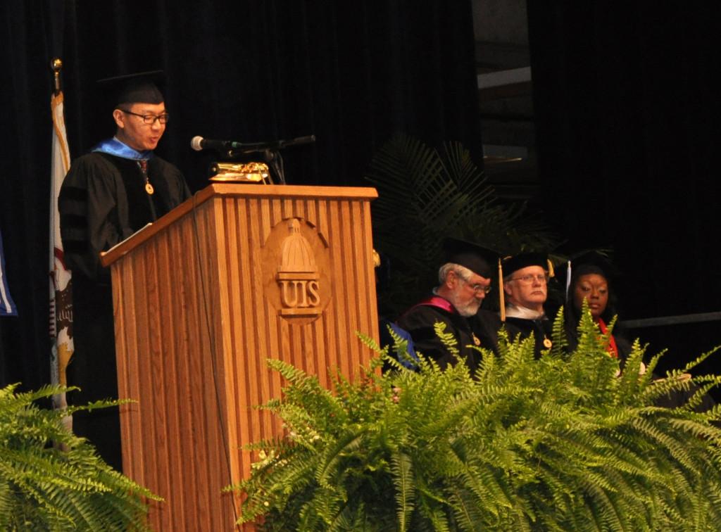 Wen Huang delivers his commencement address at the 2012 UIS graduation.