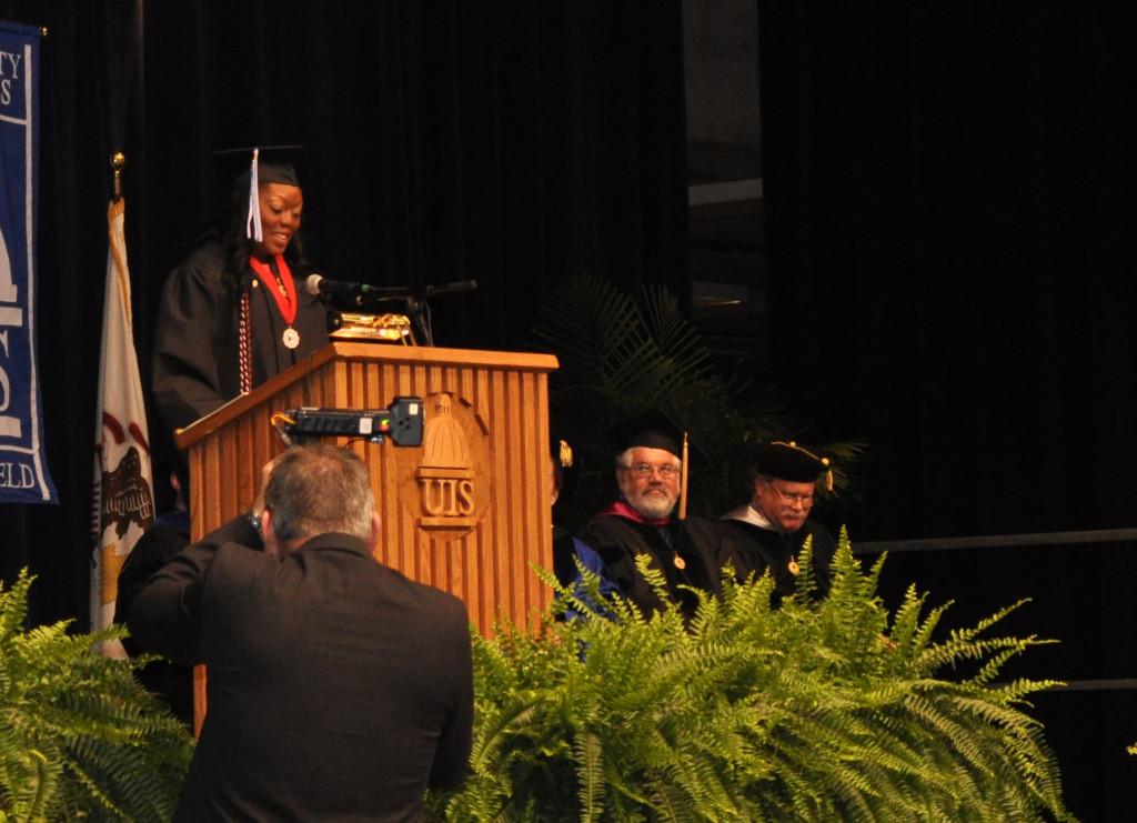 Jessica Odigie, UIS graduate of 2012, delivers her student commencement address.