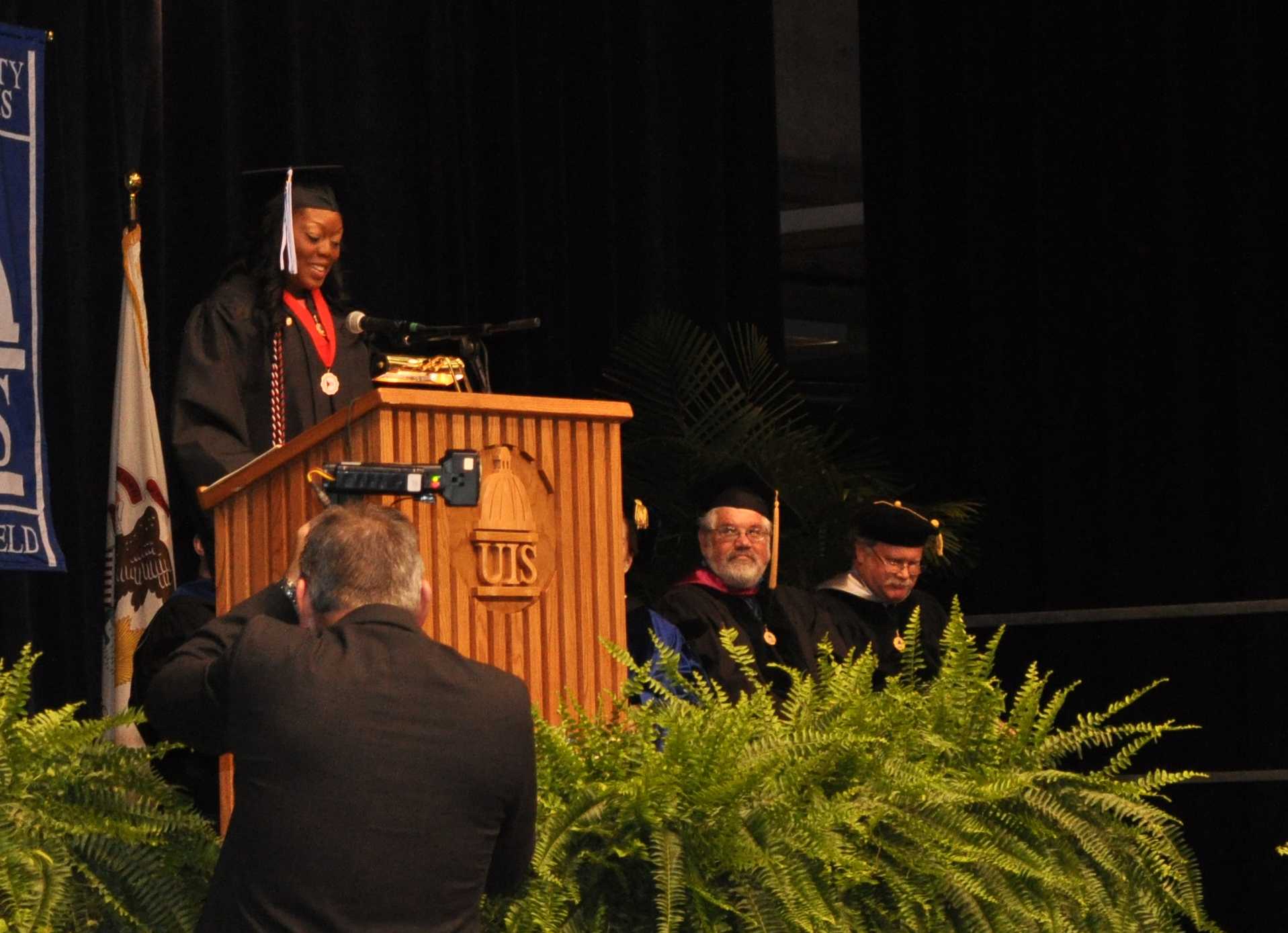 Jessica Odigie, UIS graduate of 2012, delivers her student commencement address.