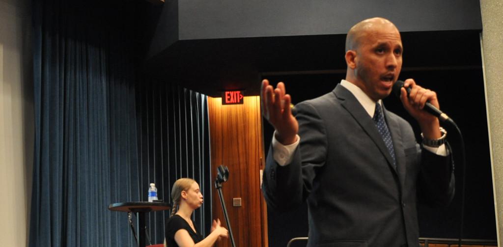 Andres Lara, during his session at Brooken's Auditorium, as a part of ECCE Speaker Series. Lara is a motivational speaker. 