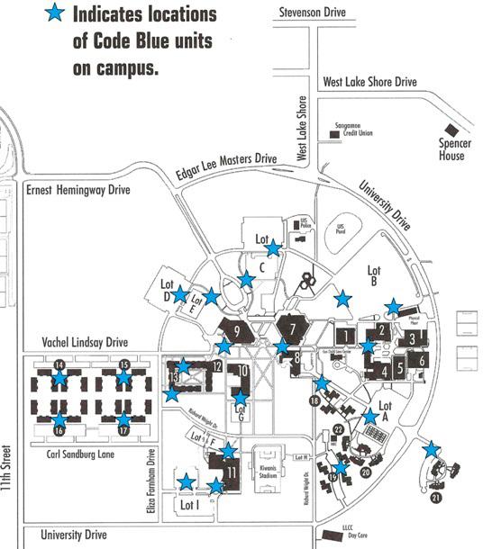 Code Blue lights are located around campus.
Image courtesy of UIS Police website