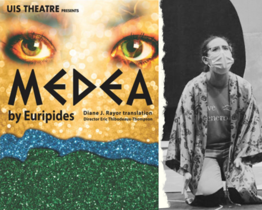 UIS Theatre poster for Medea with edited photo of Kayla Sarabia as Medea during rehearsal. Photo taken and edited by Regina Ivy.
