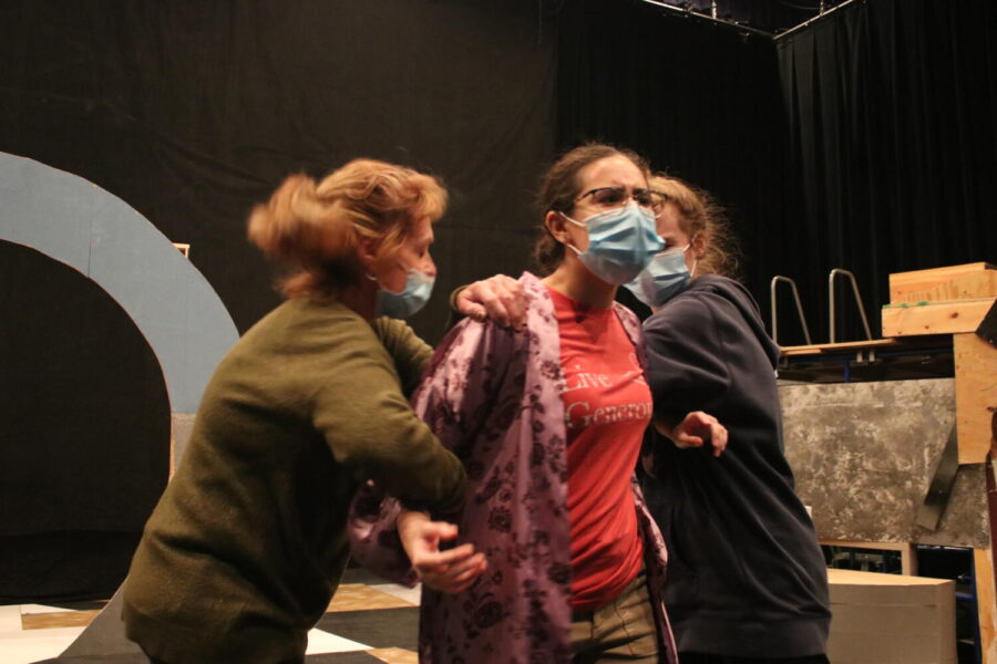 Kayla Sarabia (middle), Mary Shay Dennison (Right), and Tamara Bivens (left) rehearsing Medea. | Photo Credit: Regina Ivy
