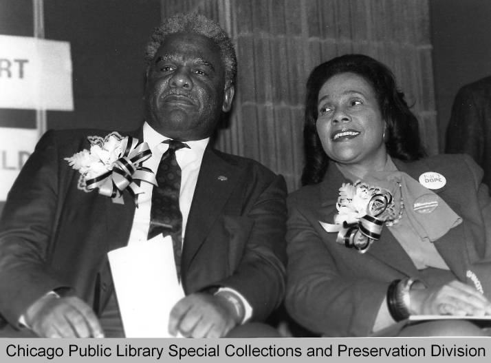 Mayor Harold Washington with Coretta Scott King, Martin Luther Kings widow. Photo Credit: Harold Washington. Press Office Series. Photographs, Box 56, 1987 February 20.
