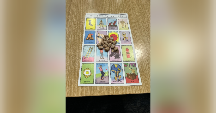 Photo Credits: Cristian Leon-Vallejo, | Loteria Card with beans being used as a marker. 
