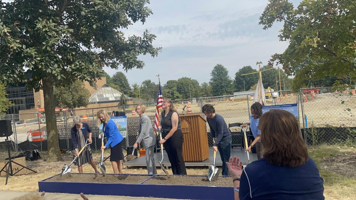 University leaders, staff, and students break ground for the new Library Commons on September 19, 2025, marking the beginning of construction for UIS’s future 24-hour student hub.