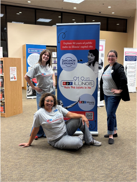 Members of NPR Illinois and the Sangamon Experience team celebrate the 50th anniversary exhibit at Lincoln Library on September 18, 2025.
