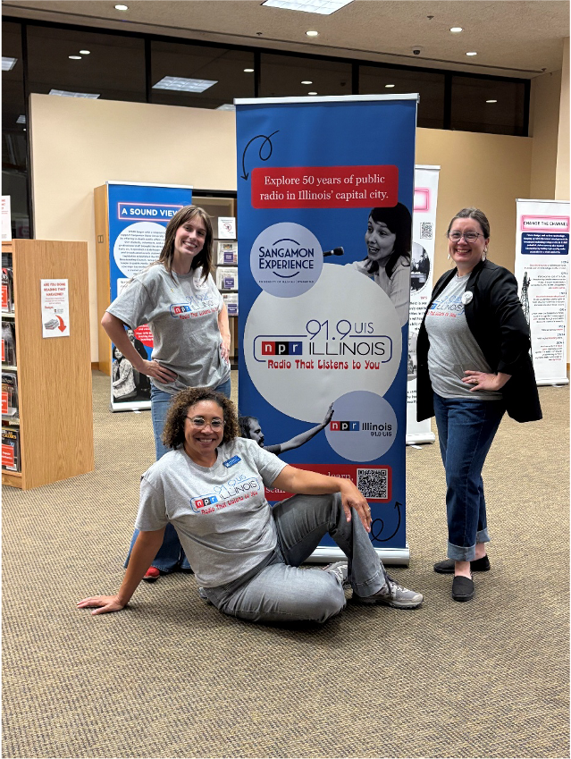 Members of NPR Illinois and the Sangamon Experience team celebrate the 50th anniversary exhibit at Lincoln Library on September 18, 2025.
