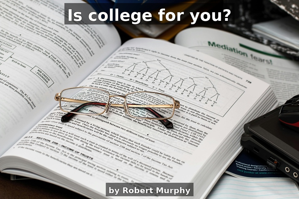 A pair of reading glasses rests on an open textbook, symbolizing the focus and reflection needed when deciding whether college is the right choice.
