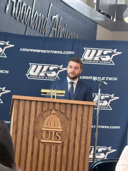 Colin Wood is introduced as the inaugural head coach of UIS women’s flag football during a February 3 press conference, marking the official launch of the program set to begin competition in 2027.