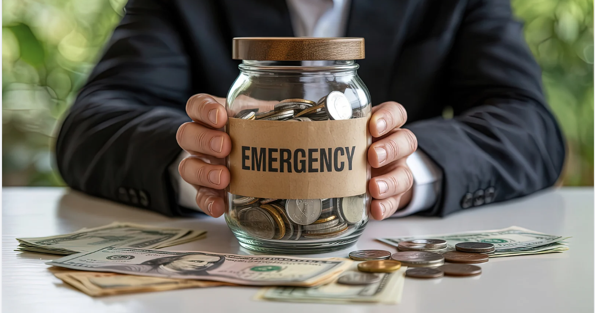 [A stock image of a person holding a jar full of money that is labeled “Emergency.” Photo sourced from canva.]