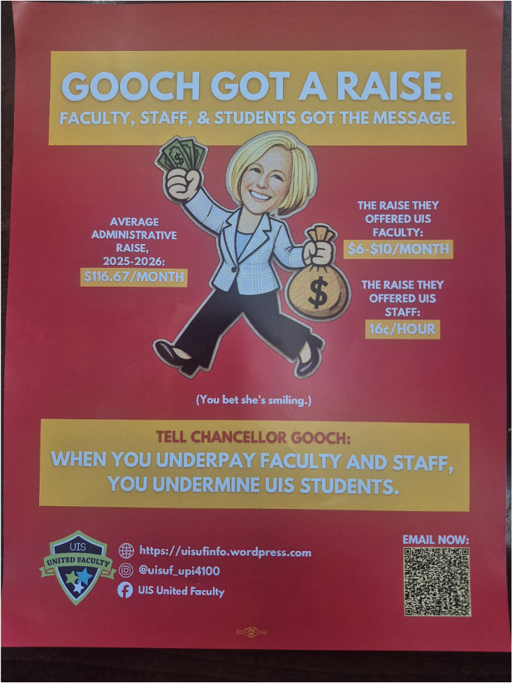 A flyer handed out by striking faculty members that criticizes UIS Chancellor Janet Gooch. 